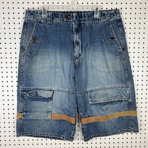 Vibes‎ Shuttle Tape Baggy Jean Shorts Sz 38 Hip Hop 90s Jorts Wide Leg Skate Y2K